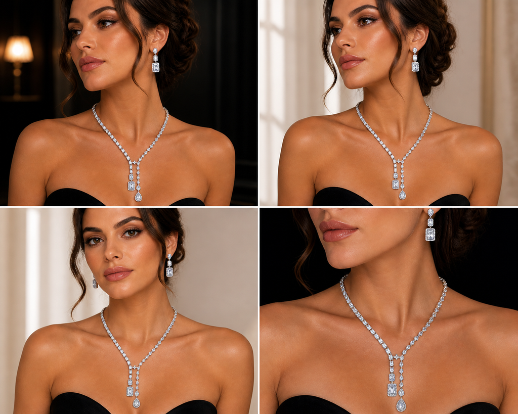Parure Élégance – Collier Y & Boucles d’Oreilles en laiton doré à l’or fin 18K, zircon scintillant