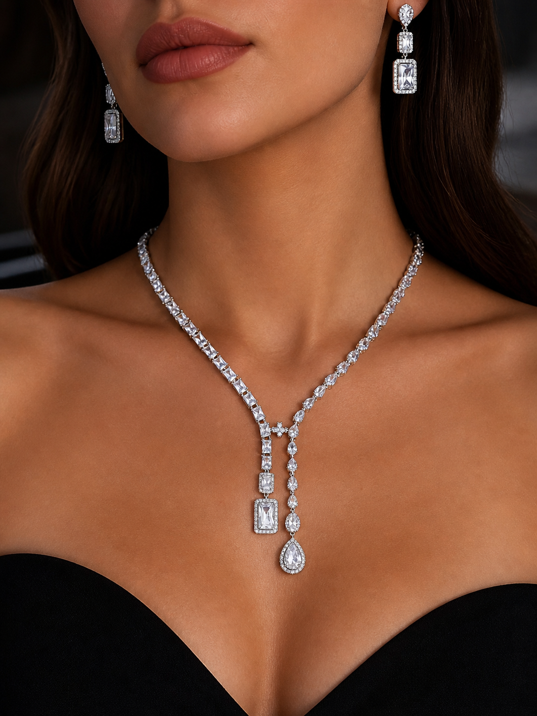 Parure Élégance – Collier Y & Boucles d’Oreilles en laiton doré à l’or fin 18K, zircon scintillant