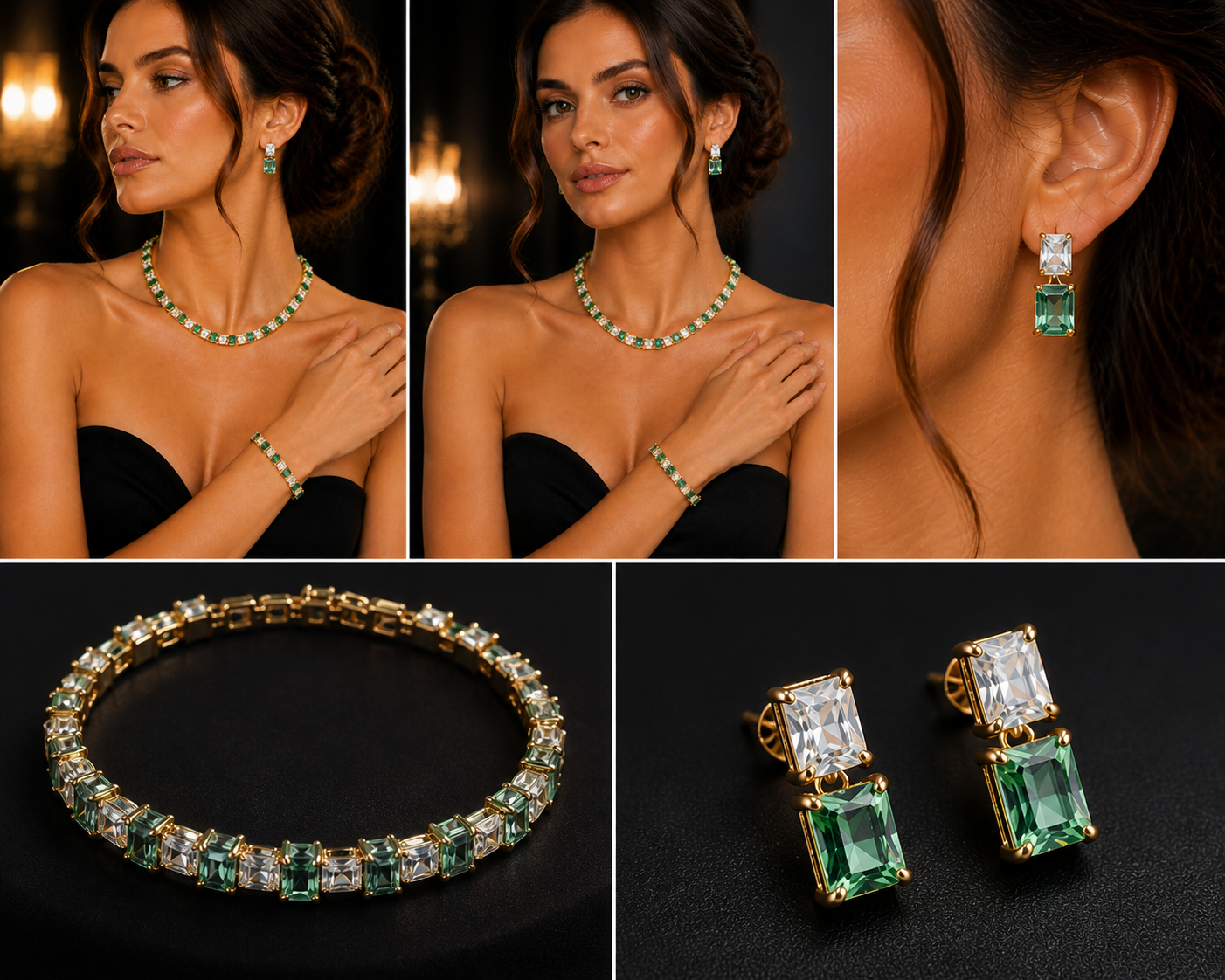 Parure Émeraude Royale – Collier, Bracelet & Boucles d’Oreilles dorés à l’or fin 18K
