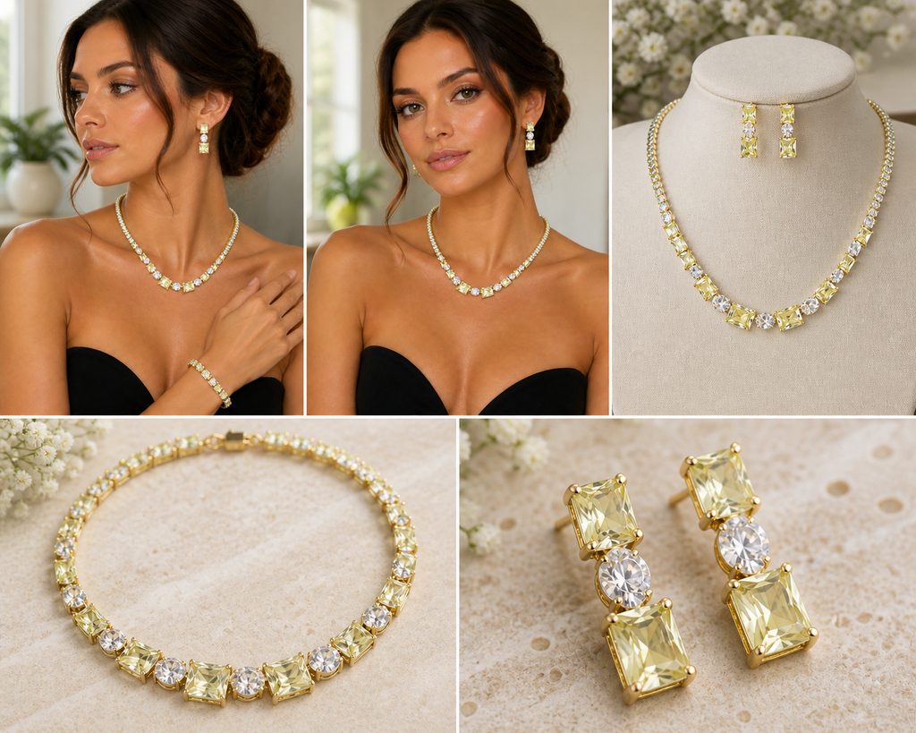 Parure Lumière Dorée – Collier & Boucles d’Oreilles en laiton doré à l’or fin 18K, zircon éclatant
