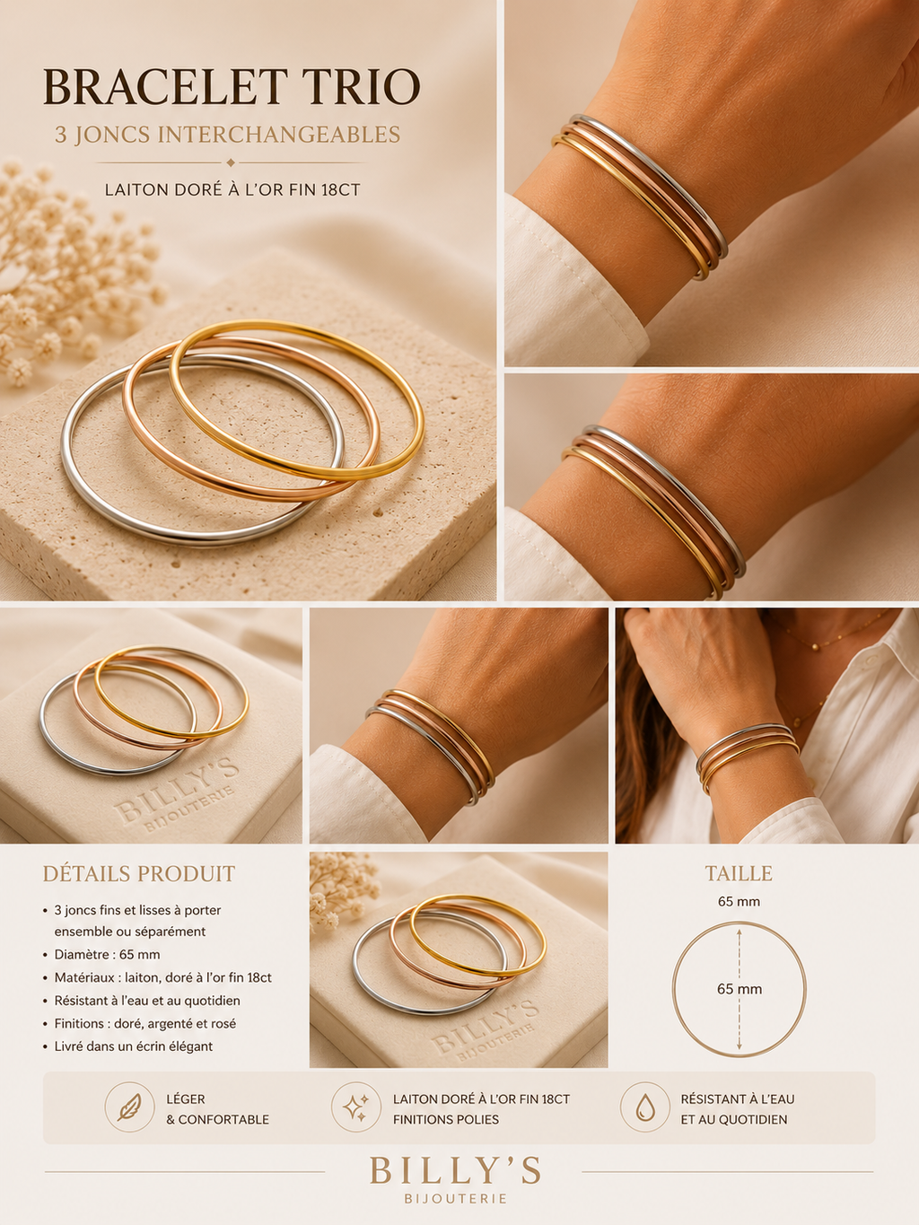 Bracelet Trio Élégance – 3 Joncs Fins Dorés à l’Or Fin 18ct