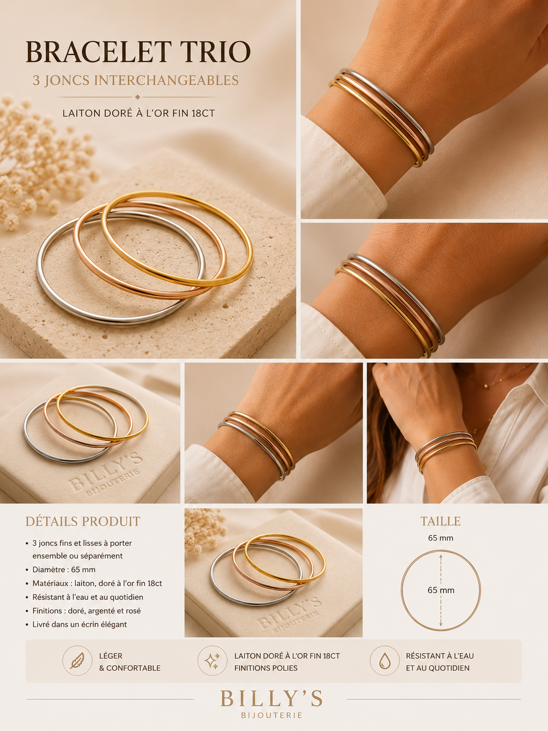 Bracelet Trio Élégance – 3 Joncs Fins Dorés à l’Or Fin 18ct